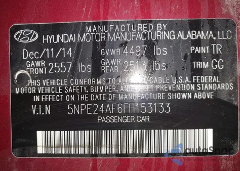 2015 Hyundai Sonata Se from USA, damaged, VIN 5NPE24AF6FH153133